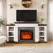 70"L Fireplace Mantel with 23" Electric Fireplace and Bookshelves, Wooden Storage Freestanding Heater with Remote Control, Brown