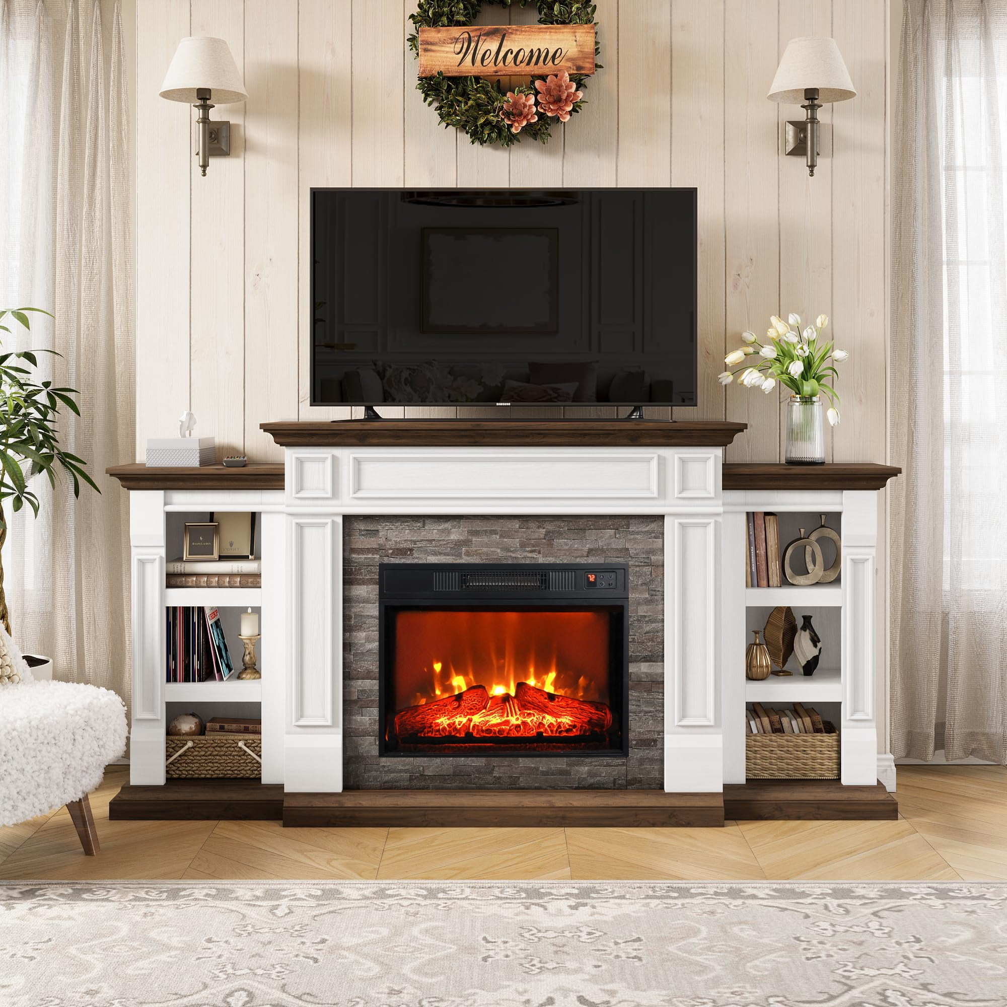 70"L Fireplace Mantel with 23" Electric Fireplace and Bookshelves, Wooden Storage Freestanding Heater with Remote Control, Brown