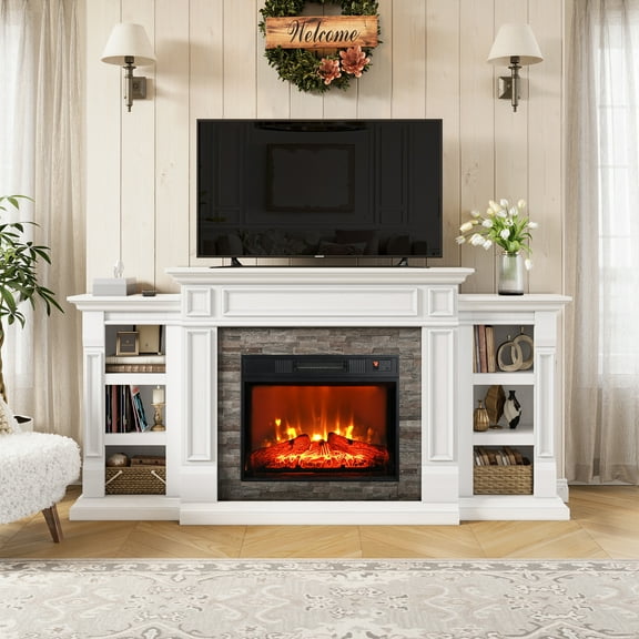 70"L Fireplace Mantel with 23" Electric Fireplace and Bookshelves, Wooden Storage Freestanding Heater with Remote Control, White
