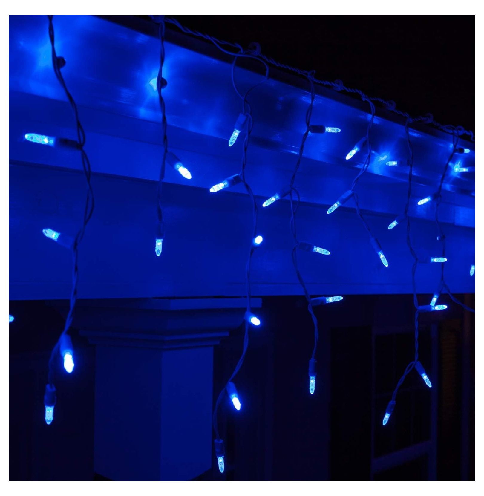 70 LED Blue Icicle Lights Outdoor Colored Icicle Lights, 7' on White