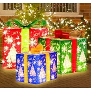70 LED Christmas Set of 3 Lighted Gift Boxes Decorations,Warm White Lights with Flasher,Pathway Decorative Boxes, Christmas Tree Skirt Ornament for Garden,Holiday,Party,Christmas