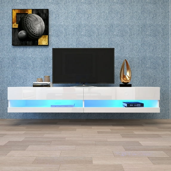 70" LED Floating TV Cabinet, Wall Mounted Modern TV Stand for 80 Inch TV, Living Room Bedroom Media Furniture Under TV Console, White