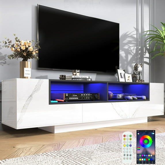 70" LED TV Stand for up 85" TVs, High Gloss Large Entertainment Center TV Console Table with Storage Drawer, APP LED Light, Marble Design