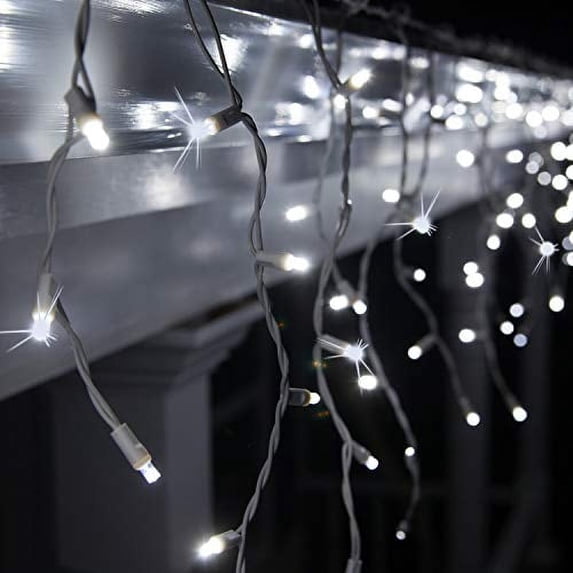 70 LED Twinkle Icicle Lights, 7’, Cool White, Indoor Outdoor Use, White Wire