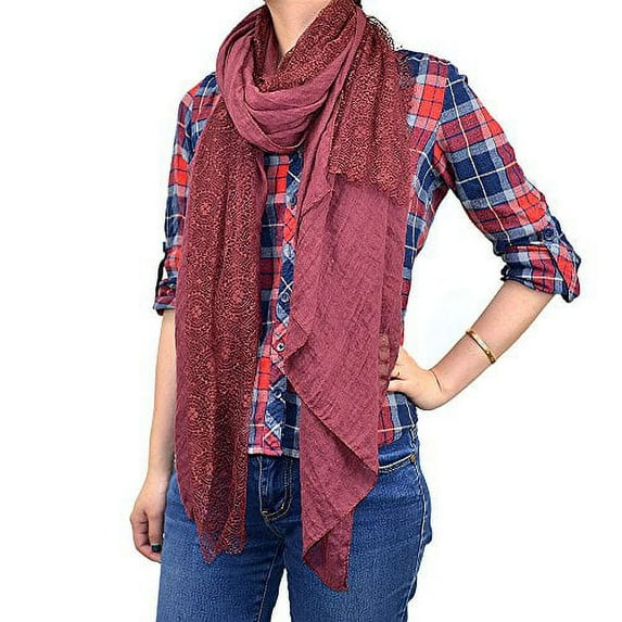 70" Lace Trim Long Scarf Solid Color (Burgundy)