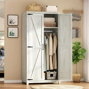 LUXOAK 70" Large Armoire Wardrobe Closet with Hanging Rod & Barn Doors, Distressed White