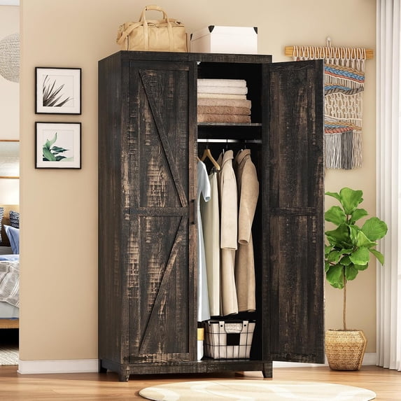 LUXOAK 70" Large Armoire Wardrobe Closet with Hanging Rod, Farmhouse Wooden Storage, Dark Oak Wood