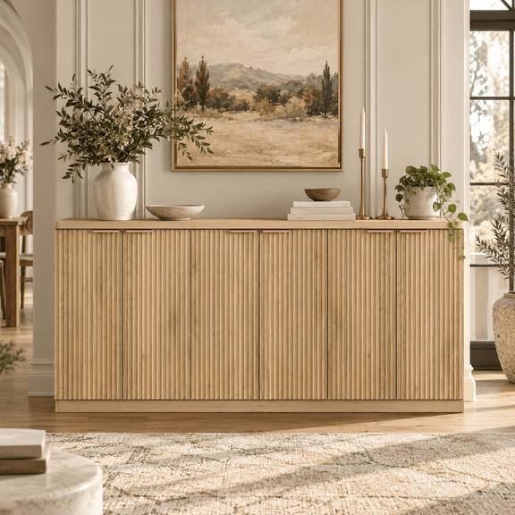 70" Large Buffet Sideboard Cabinet, Fluted Sideboard Buffet Cabinet 6 Doors, Buffet Table Coffee Bar Wine Bar Storage Cabinet for Dining Room, Living Room