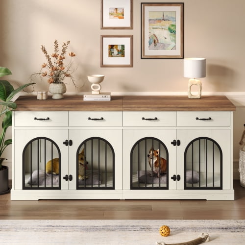 70" Large Dog Crate Furniture for 2 Dogs, Indoor Kennel with Removable Divider and 4 Storage Drawers, TV Stand End Table for Medium Small Dogs, White Brown