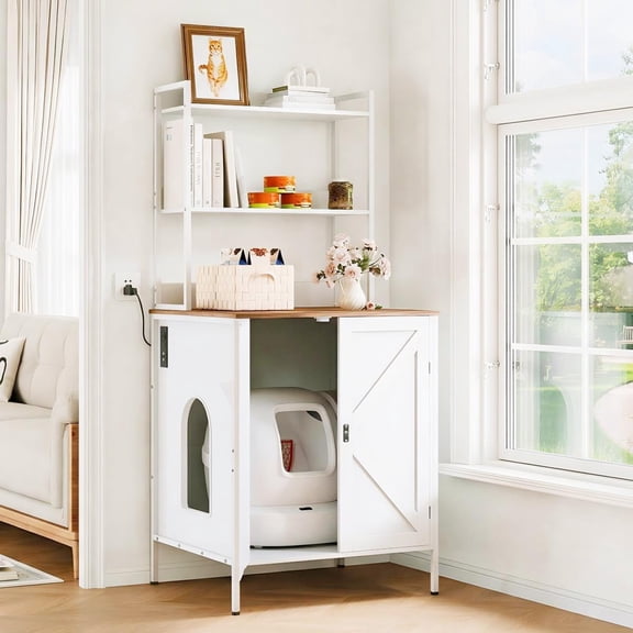 70" Large Hidden Cat Litter Box Furniture, Cat Robot Enclosure Cabinet with Shelves, Built-in Power Outlet, Fits Auto Litter Boxes, Modern Self‑Cleaning Litterboxes Furniture White