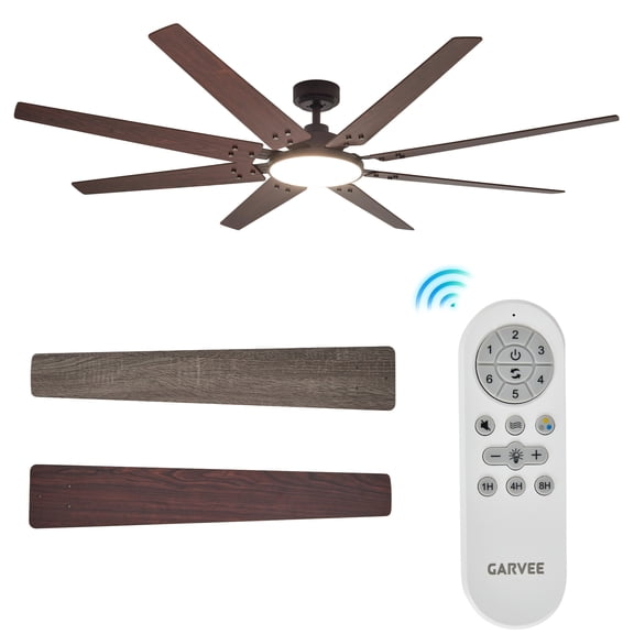 70" Large Industrial Ceiling Fan with Lights and Remote Control, 8-Blade Modern DC Motor Ceiling Fan, Reversible Blades (Black & Walnut), 6 Speeds, Timer, Quiet for Living Room, Shop, Garage