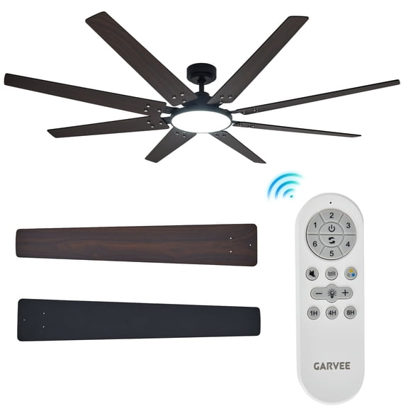 70" Large Industrial Ceiling Fan with Lights and Remote Control, 8-Blade Modern DC Motor Ceiling Fan, Reversible Blades (Black & Walnut), 6 Speeds, Timer, Quiet for Living Room, Shop, Garage