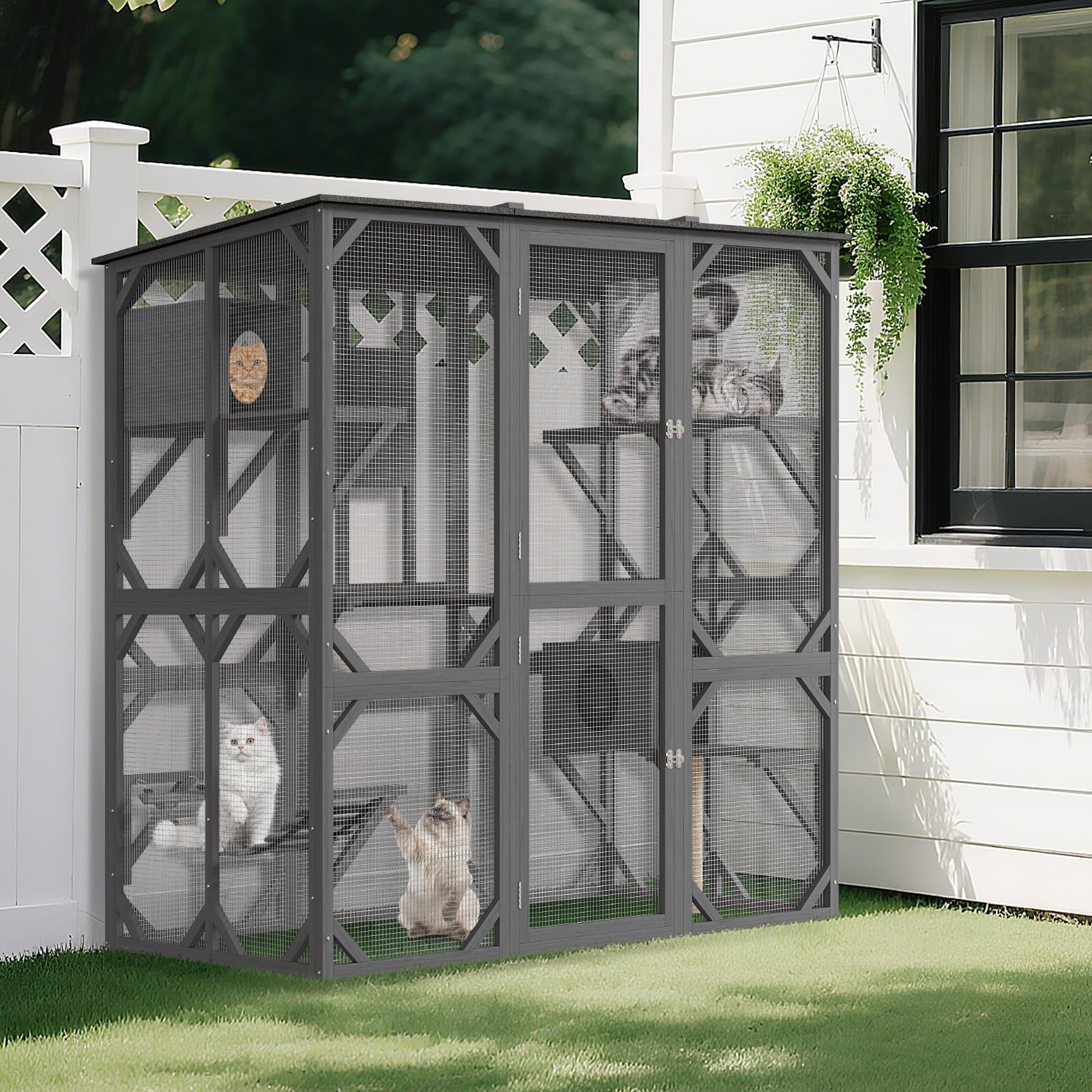 70'' Large Walk-in Window Catio Outdoor, Wooden Outdoor Cat Enclosure for Multiple Cats - Waterproof Wooden Cat Shelter with 4 Platforms, 2 Resting Box, Scratching Post & Hammock, UV Resistant