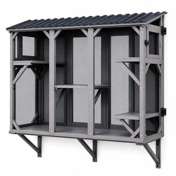 70" Large Wood Window Cat Enclosure,UV Resistant Waterproof Cat Patio with Rust Proof Steel Mesh 5 Platforms 2 Lockable Doors for Backyard Patio