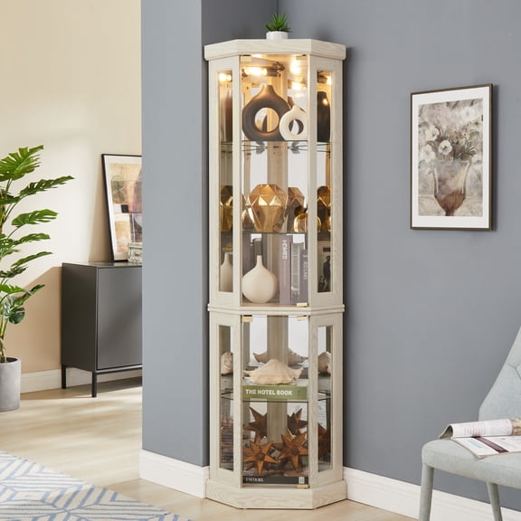 70" Lighted Corner Curio Cabinet, Elegant Display Cabinet with Tempered Glass Doors and Adjustable Shelves, Light Blub Included, Storage Rack for Living Room, White