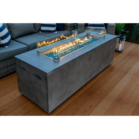 70" Linear Rectangular Concrete Smokeless Fire Pit for Patio, Table W/ Glass Guard and Crystals in Gray (70" Rectangular Gray, Emerald Green)