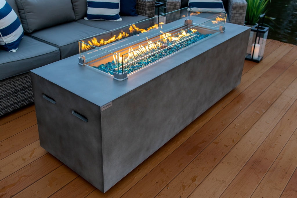 70" Linear Rectangular Concrete Smokeless Fire Pit for Patio, Table W/ Glass Guard and Crystals in Gray (70" Rectangular Gray, High Desert)