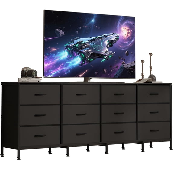 70" Long Dresser with Charging Station 12 Fabric Drawers Dresser TV Stand for 65 75 80 Inch TVs Dresser for Bedroom,Living Room,Black