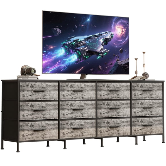 70" Long Dresser with Charging Station 12 Fabric Drawers Dresser TV Stand for 65 75 80 Inch TVs Dresser for Bedroom,Living Room