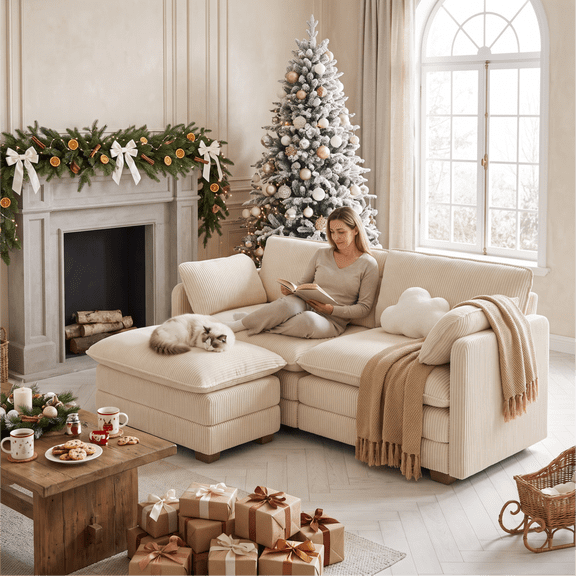 70'' Loveseat with Ottoman for Living Room, Noelse L Shaped Cloud Couch with Washable Cover and Pillows, 2 Seater Small Sectional Sofas for Apartment, Corduroy Beige