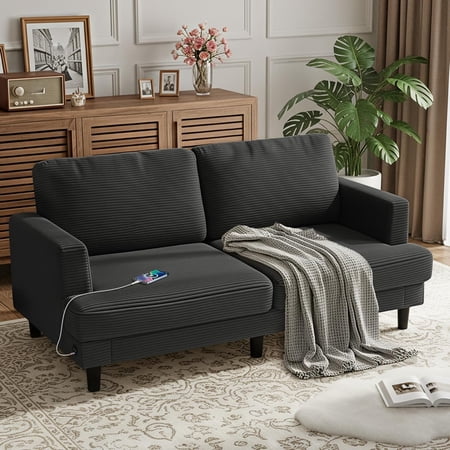 70" Loveseat Sofa for Living Room, Comfy Corduroy Couch with USB & Type-C Ports, Modern 2-Seater Deep Seat Small Couch for Bedroom, Apartment, Office – Soft Cushions & Sturdy Frame (Gray)