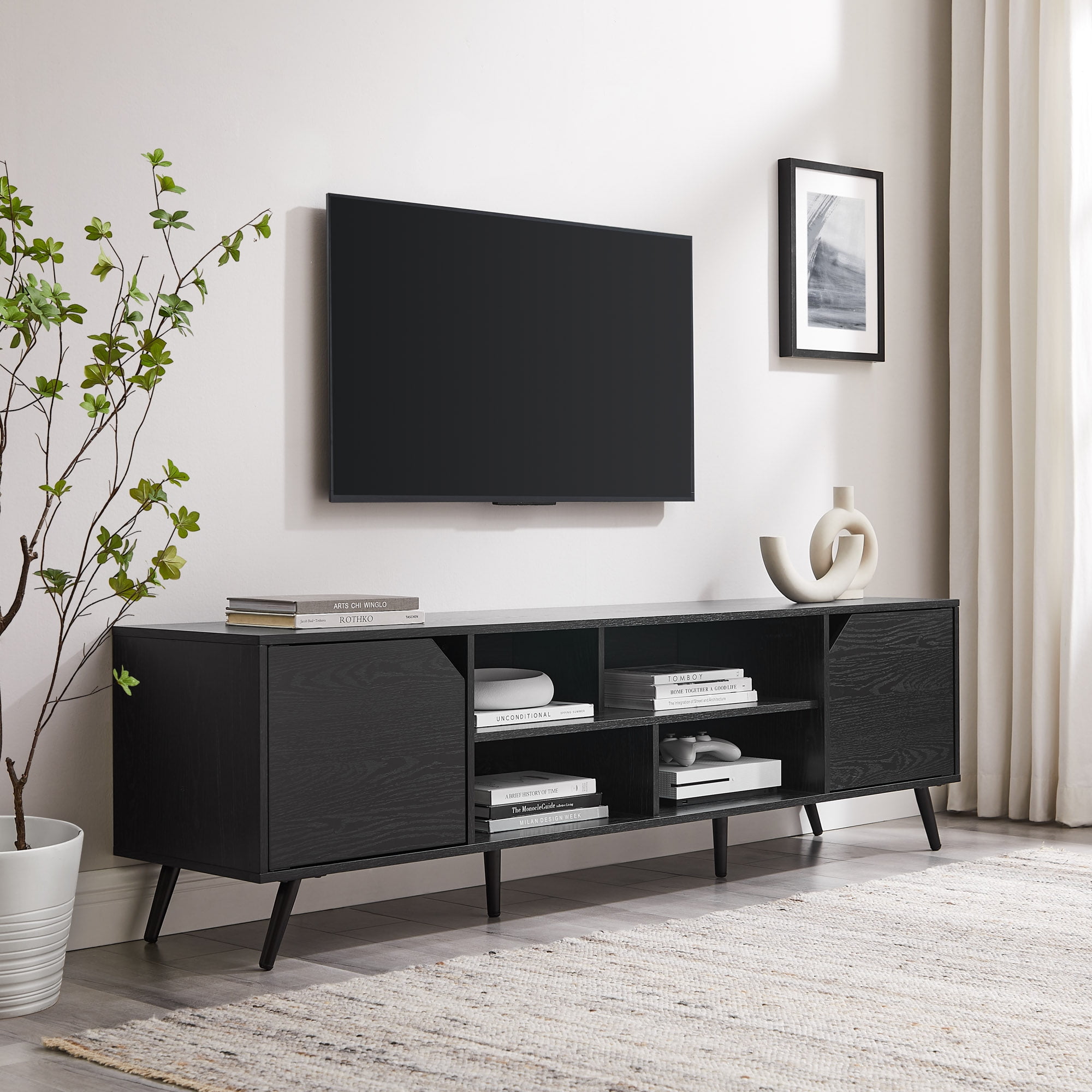 Black 70" Modern TV Stand with Cabinets and Shelves