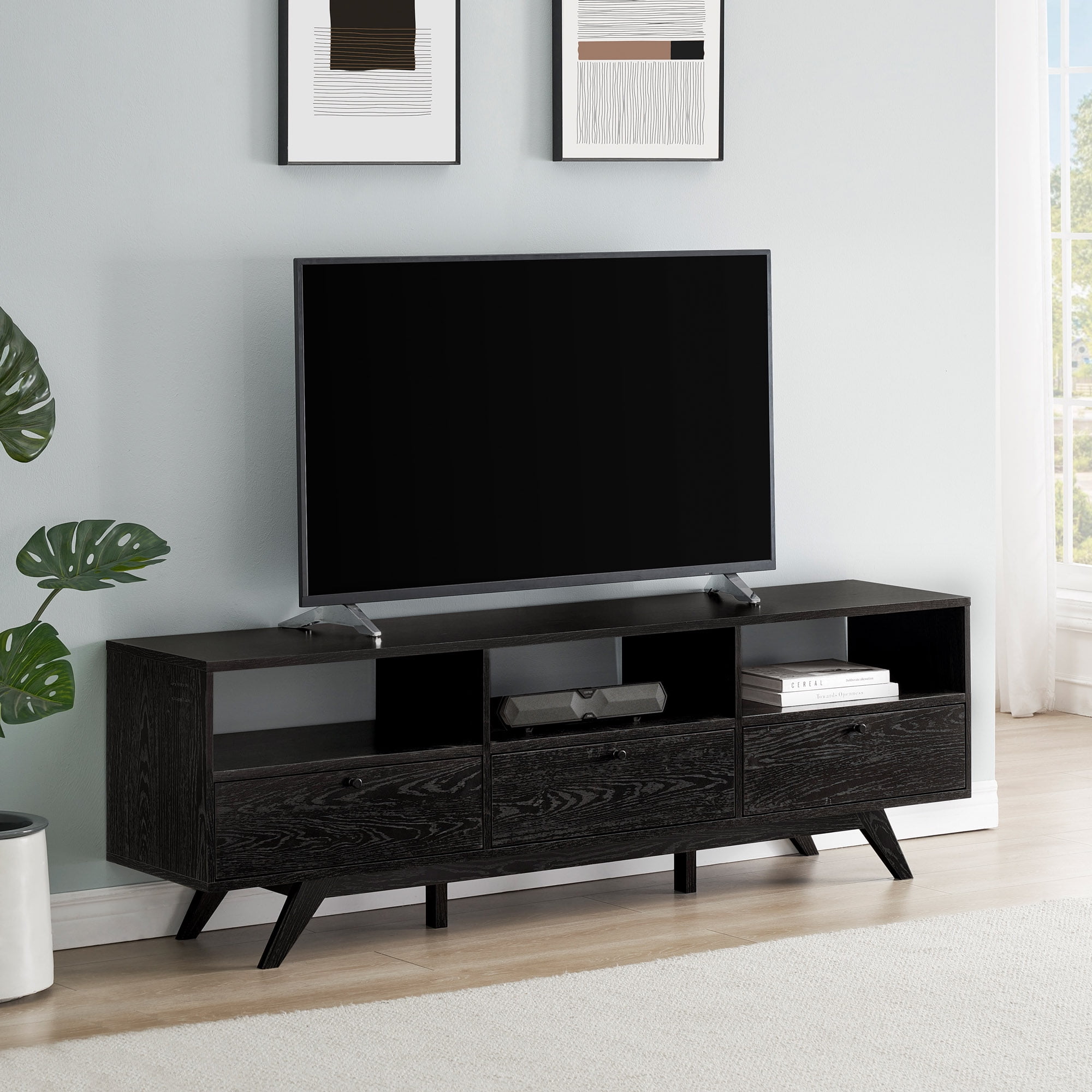 Natural Wood and Black Metal Modern End Table with Drawer