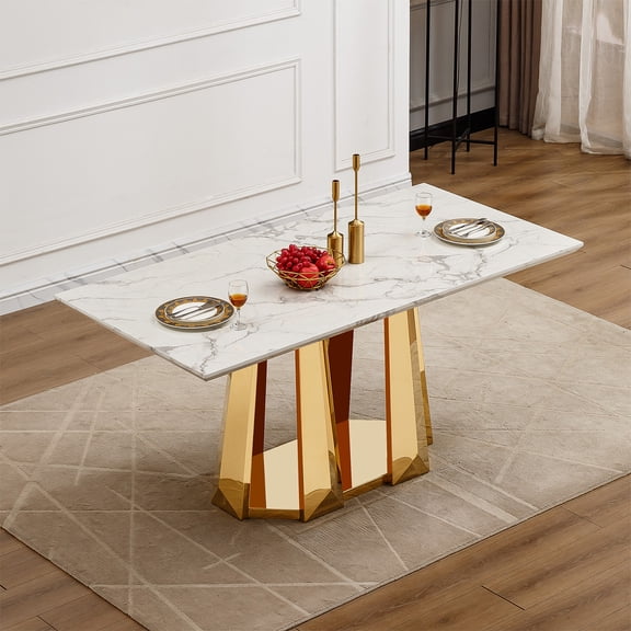 70" Marble Dining Table for 6-8 People, Modern Rectangle Faux Marble Kitchen Table with Mirrored Finish Stainless Steel Base, Dining Room Table for Home, Kitchen, Apartment (Style 1: Gray & Gold)