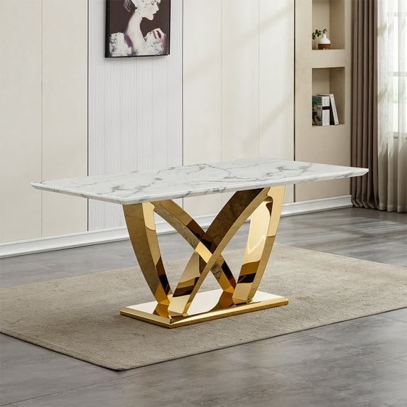 70" Marble Dining Table for 6-8 People, Modern Rectangle Faux Marble Kitchen Table with Mirrored Finish Stainless Steel Base, Dining Room Table for Home, Kitchen, Apartment (Style 1: Gray & Gold)