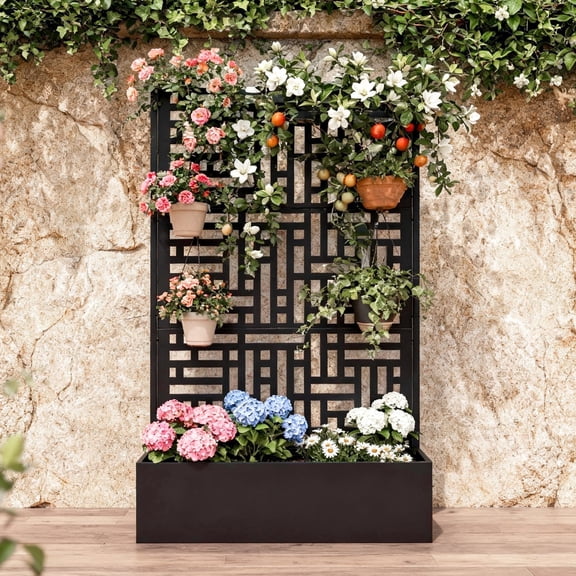 ZIDTIA 70" Metal Planter Box with Trellis, Outdoor Raised Garden Bed with Privacy Screen for Climbing Plants, Trellis Planter Box with Drainage Holes, Metal Planter Box for Patio or Balcony, Black