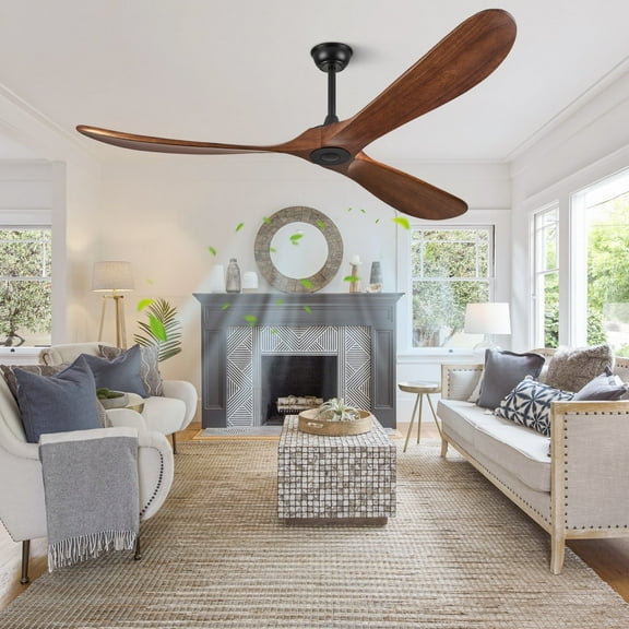 70'' Modern 3-Blade Ceiling Fan (No Light) – Solid Walnut Wood Propeller Ceiling Fans, Quiet DC Motor & Standard Remote Control | Indoor/Outdoor Use for Patio, Coastal & Farmhouse Spaces