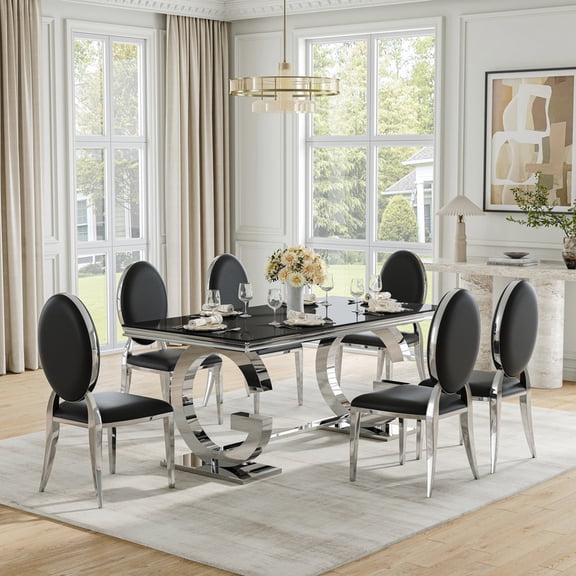 70" Modern Glass Dining Table Set, Rectangular Tempered Glass Table with "G"-Shaped Stainless Steel Base and 6 Round PU Leather Chairs, Seating for 6