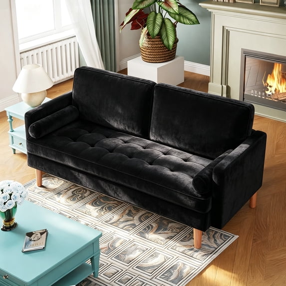 70" Modern Loveseat Sofa Couch,Mid-Century Velvet Upholstered Small Love Seat Couch with 2 Pillows for Compact Space,Living Room,Apartment,Black