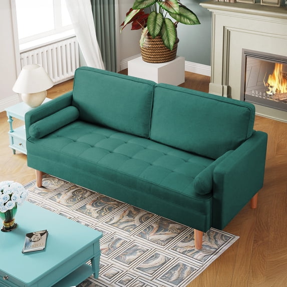 70" Modern Loveseat Sofa Couch,Mid-Century Velvet Upholstered Small Love Seat Couch with 2 Pillows for Compact Space,Living Room,Apartment,Green