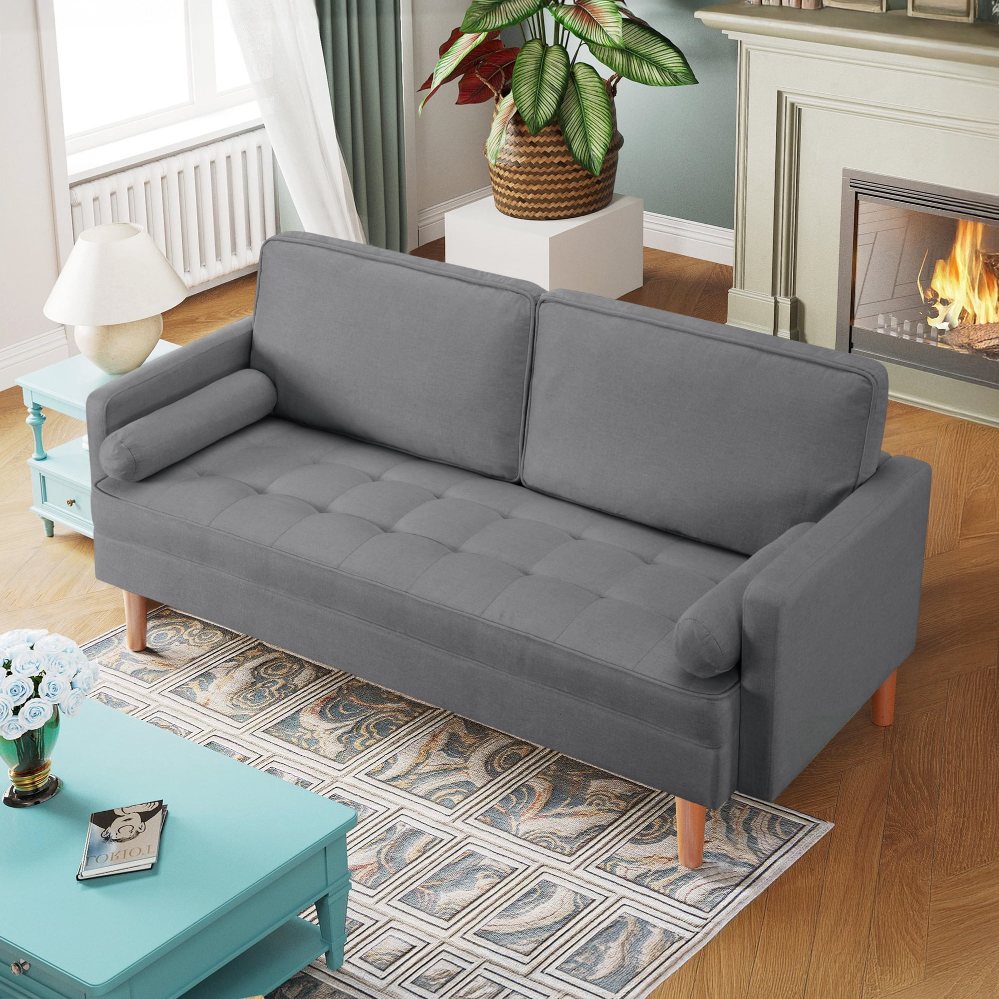 70" Modern Loveseat Sofa Couch,Mid-Century Velvet Upholstered Small Love Seat Couch with 2 Pillows for Compact Space,Living Room,Apartment,Grey