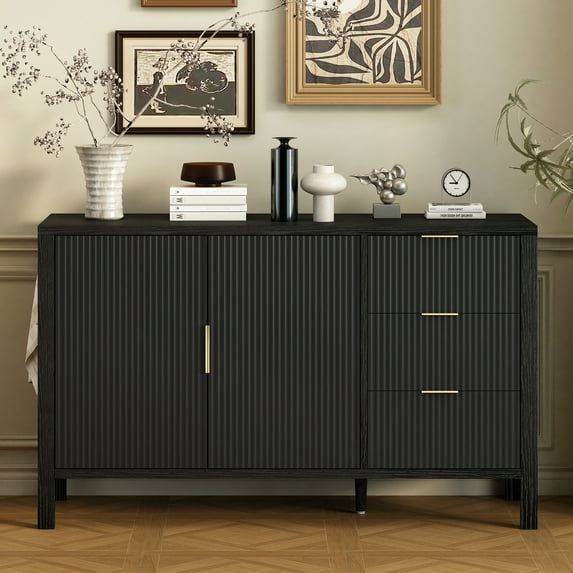 70" Modern Sideboard, Fluted Buffet Cabinet with Drawers and Hooks, Large Coffee Station with Storage, Wood Console Table, for Dining Room, Living Room, Entryway