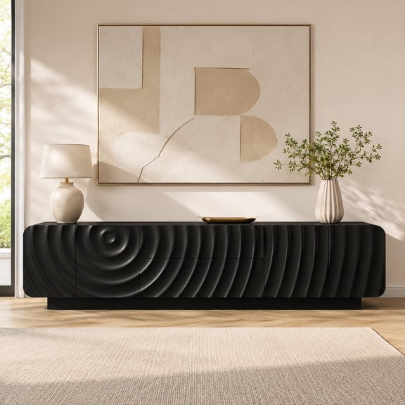 70'' Modern Spiral Wave TV Stand for 85 Inch TV, Media Console with Storage Cabinet & 2 Drawers, Rounded Corner Entertainment Center for Living Room Bedroom,Black