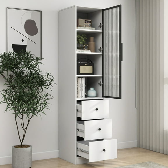 70" Modern Storage Cabinet, Bathroom Storage Cabinet with 3 Drawers and 4 Shelves, Freestanding Linen Cabinet with Black Aluminum-framed Glass Door, for Living Room, Kitchen, Office, White