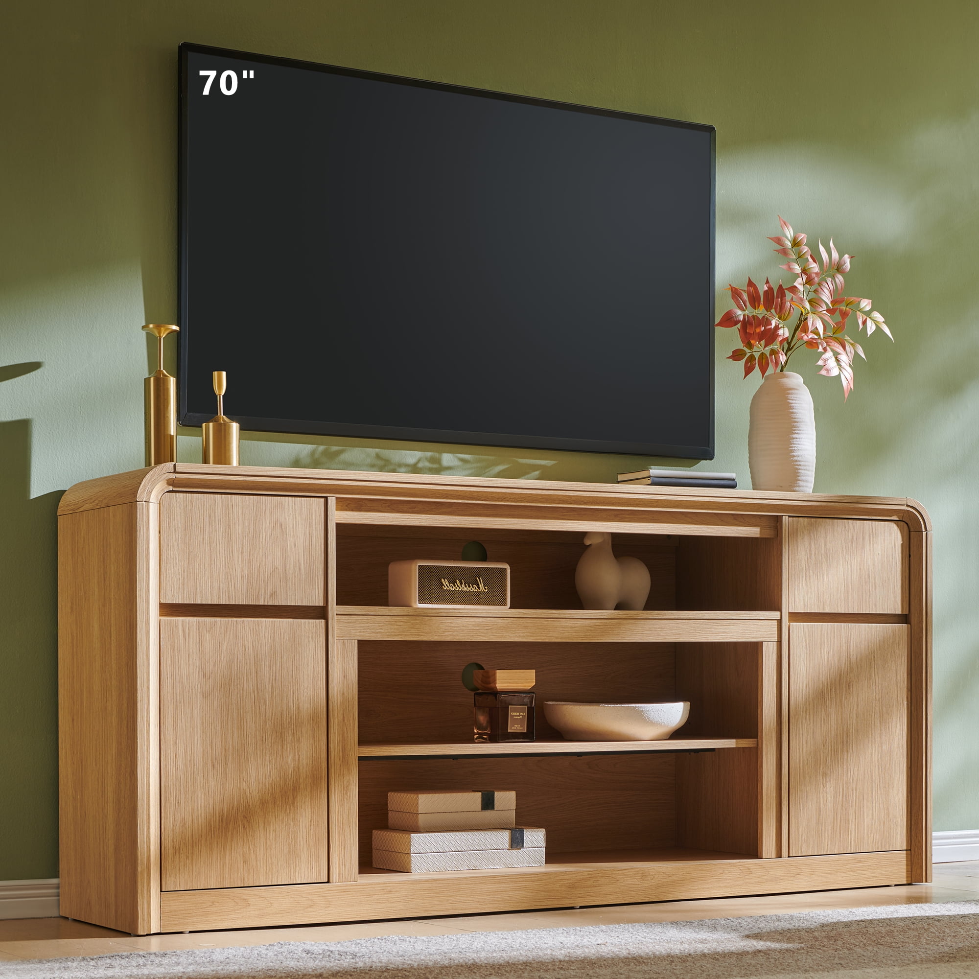 70" Modern TV Stand for TVs Up to 80 inch, 32" Tall Entertainment Center, Wood Media Console & Adjustable Shelves for Living Room, Curved Profile Design