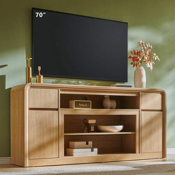 70" Modern TV Stand for TVs Up to 80 inch, 32" Tall Entertainment Center, Wood Media Console & Adjustable Shelves for Living Room, Curved Profile Design