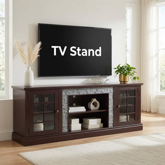 70" Modern TV Stand with 2-Door Storage, Faux Stone Media Console Cabinet, Cherry Large Entertainment Center for Living Room