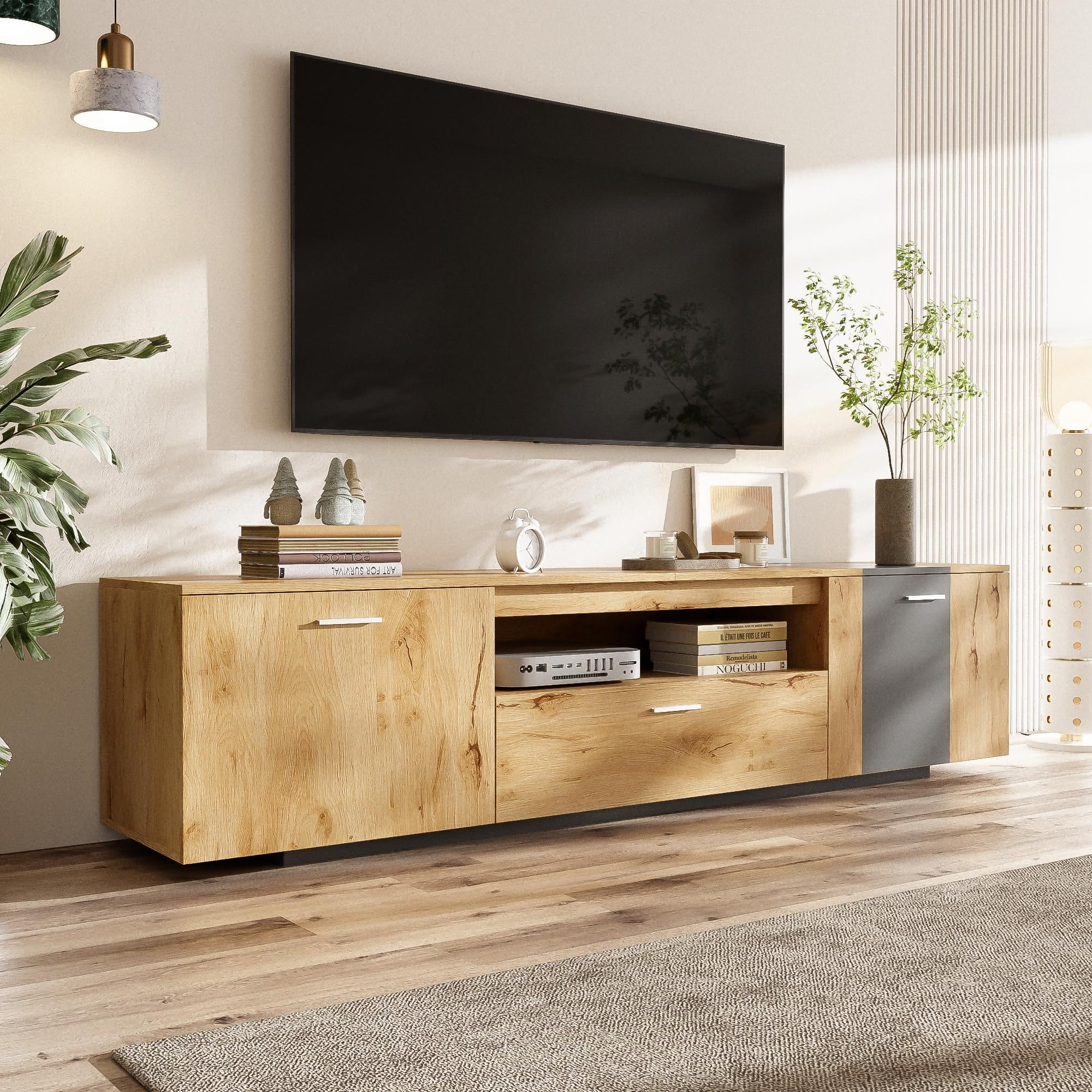 70''Modern TV Stand with 3 Cabinets& Drawer, Entertainment Center for TVs up to 80'',Grey,Natural Wood