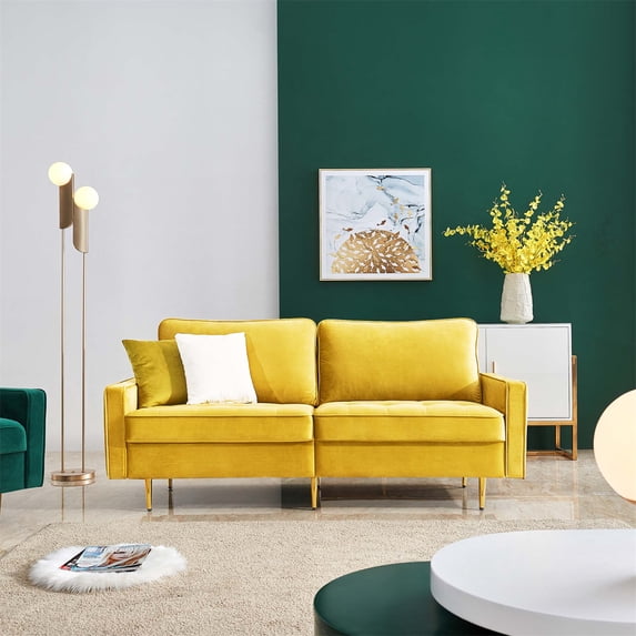 70" Modern Velvet Fabric Sofa, Upholstered Loveseat Sofa Couch with 2 Throw Pillows, Soft Leisure Futon Sofa with Golden Metal Legs, 2-seat Armrest Sofa Couch for Living Room Bedroom, Yellow
