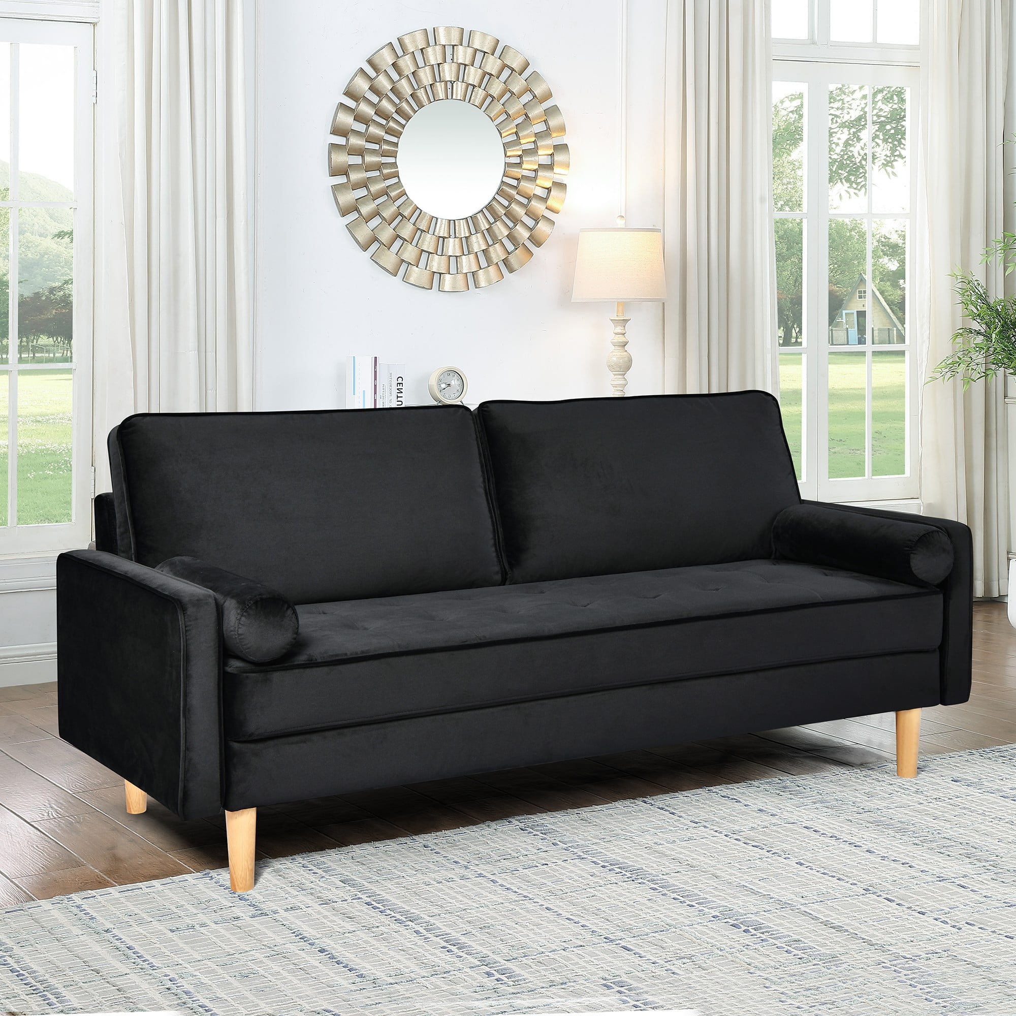 70" Modern Velvet Loveseat Sofa Couch,Mid-Century Tufted Upholstered Small Love Seat Couch with 2 Pillows for Compact Space,Living Room,Apartment,Black