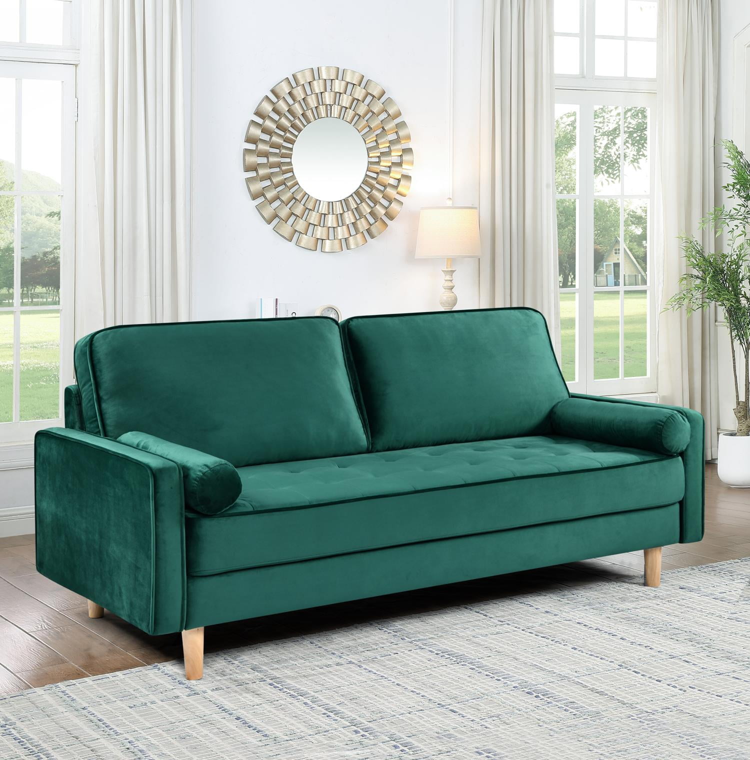 70" Modern Velvet Loveseat Sofa Couch,Mid-Century Tufted Upholstered Small Love Seat Couch with 2 Pillows for Compact Space,Living Room,Apartment,Green