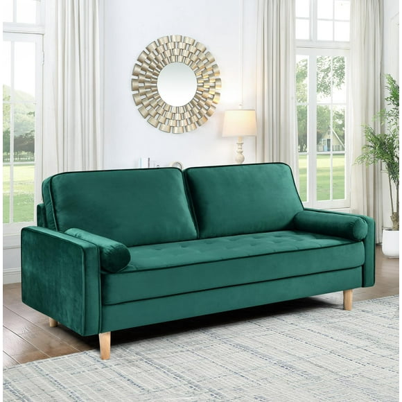 70" Modern Velvet Loveseat Sofa Couch,Mid-Century Tufted Upholstered Small Love Seat Couch with 2 Pillows for Compact Space,Living Room,Apartment,Green
