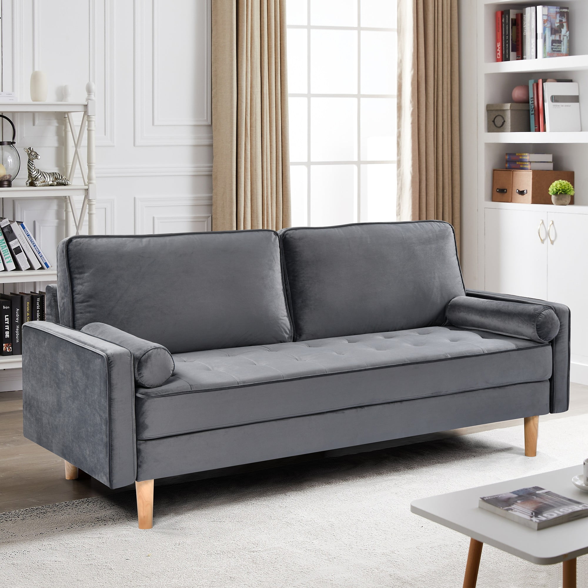 70" Modern Velvet Loveseat Sofa Couch,Mid-Century Tufted Upholstered Small Love Seat Couch with 2 Pillows for Compact Space,Living Room,Apartment,Grey