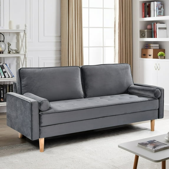 70" Modern Velvet Loveseat Sofa Couch,Mid-Century Tufted Upholstered Small Love Seat Couch with 2 Pillows for Compact Space,Living Room,Apartment,Grey