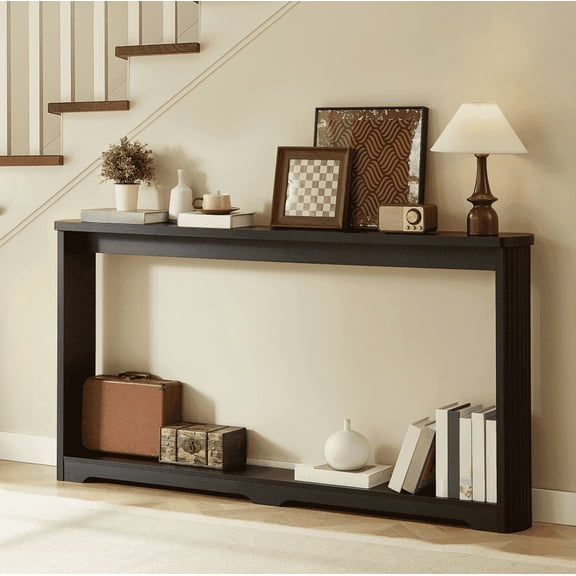 70" Narrow Console Table, 2-Tier Modern Entryway Table Curved Design, Fluted Wood Couch Desk Behind Sofa with Storage, for Living Room,Hallway,Bedroom