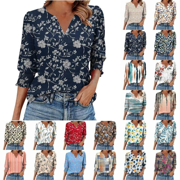 Up to 70% Off! Xuniizn Shirts for Women Summer Casual Loose Long Sleeves V Neck Floral Printed Blouse with Buttons Breathable Light Weight Beach Shirts